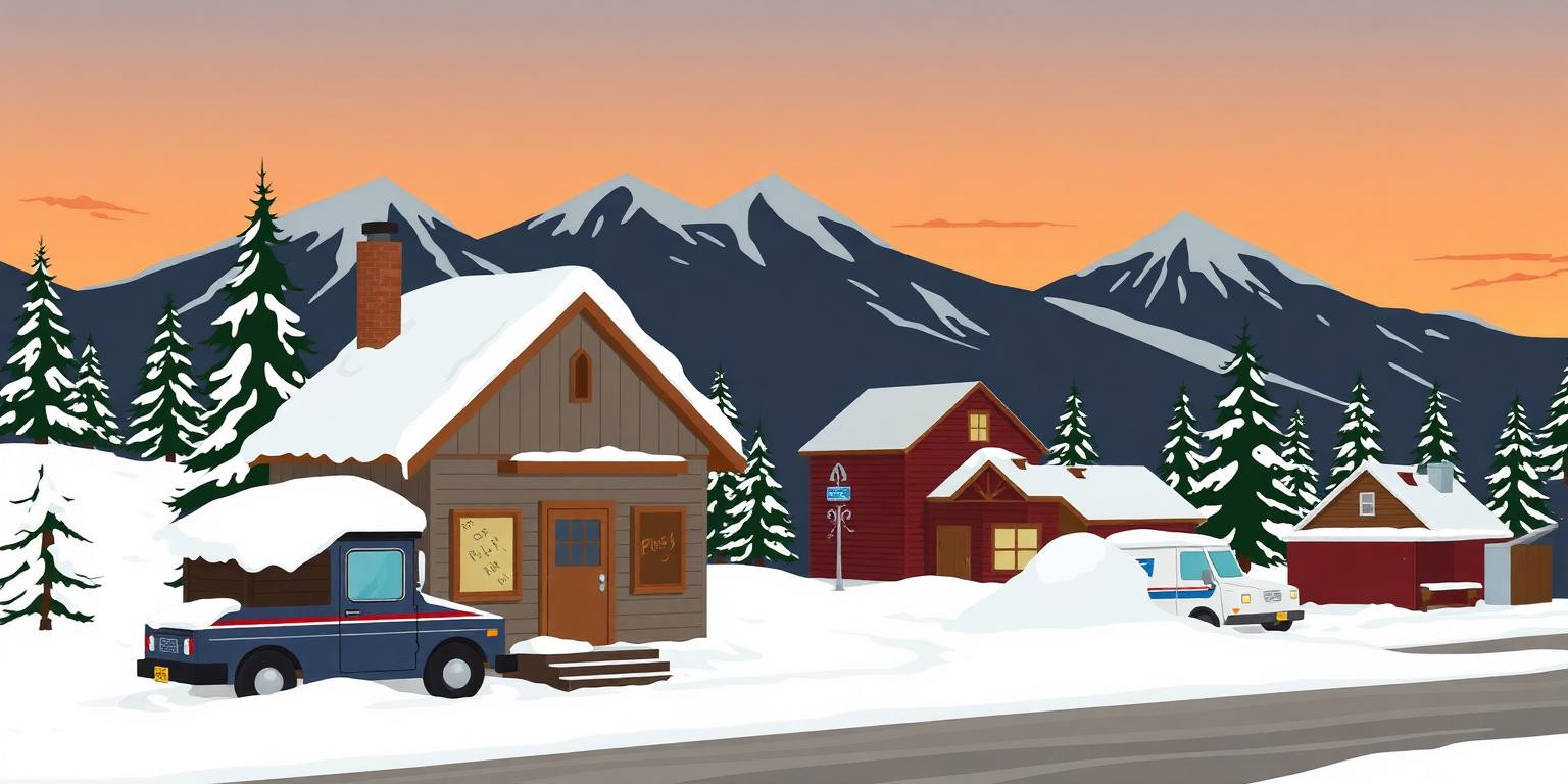 A snowy mountain town with a boarded-up post office